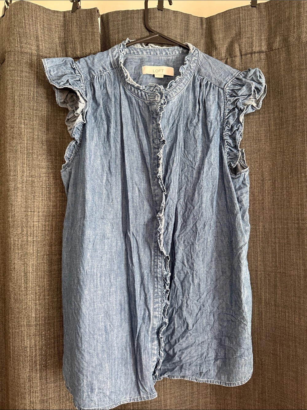 LOFT Light Blue Ruffle-Trim Sleeveless Chambray Blouse